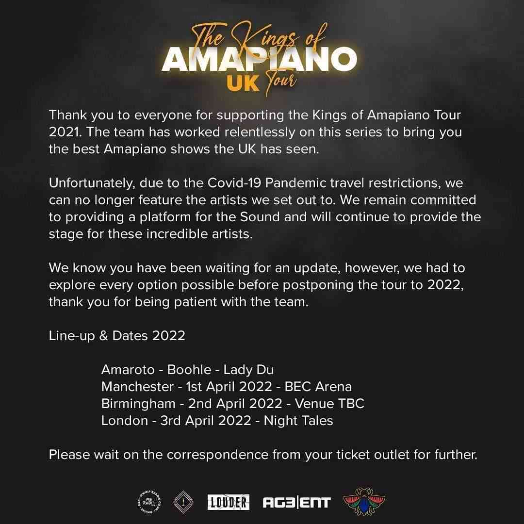 Kings of Amapiano Tour UK 2021 Postponed Due To COVID-19 OMICRON