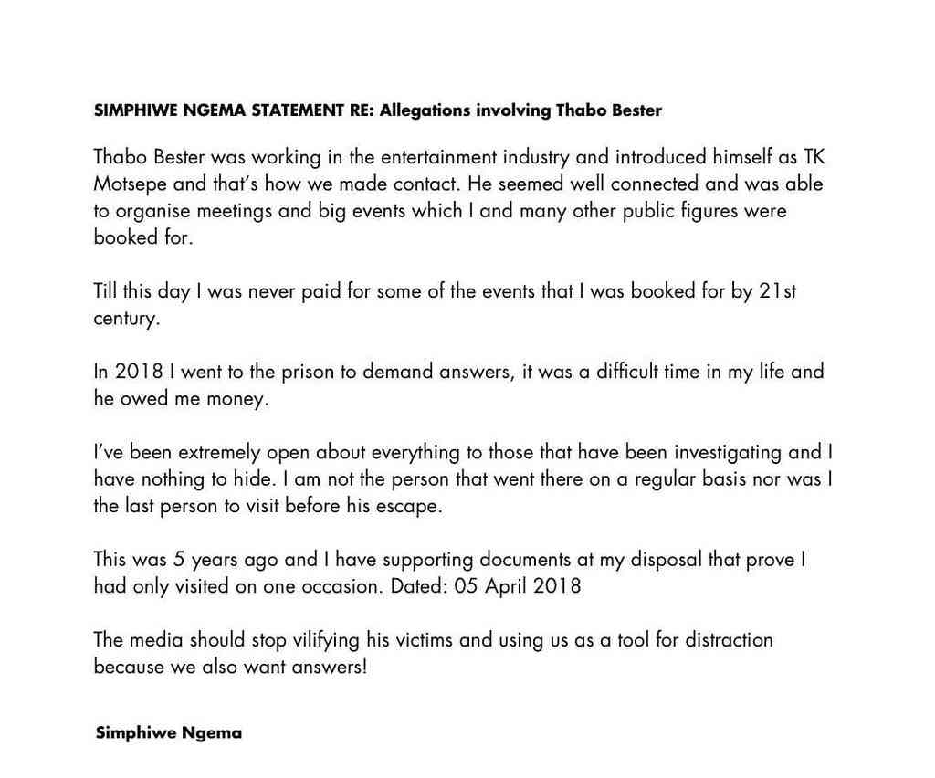 Simphiwe Ngema Deletes Statement Confirming Link With Thabo Bester From Instagram – Amapiano MP3 Download